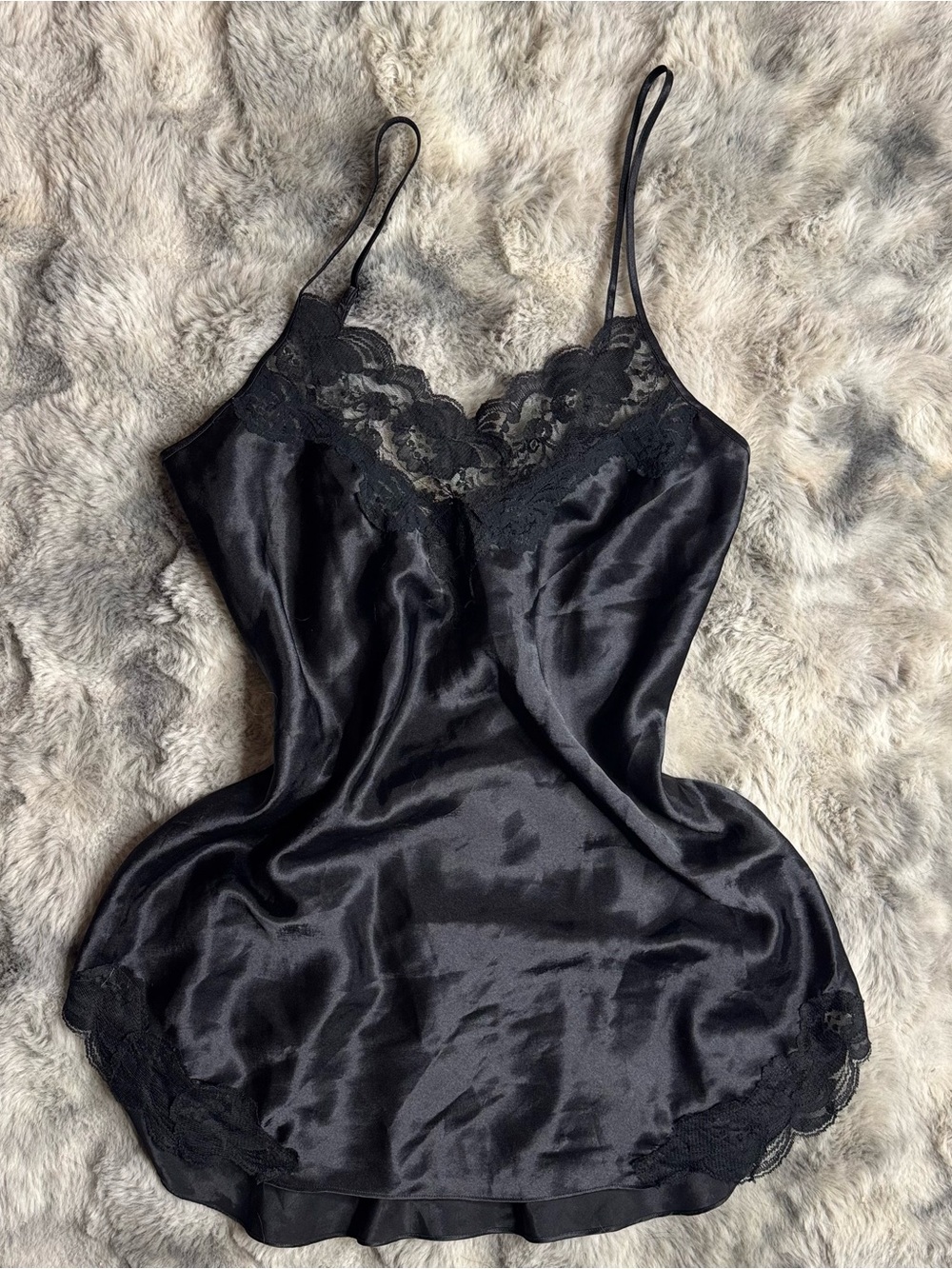 Victoria's Secret Gold Label Black Satin Lace-Trim Slip Chemise